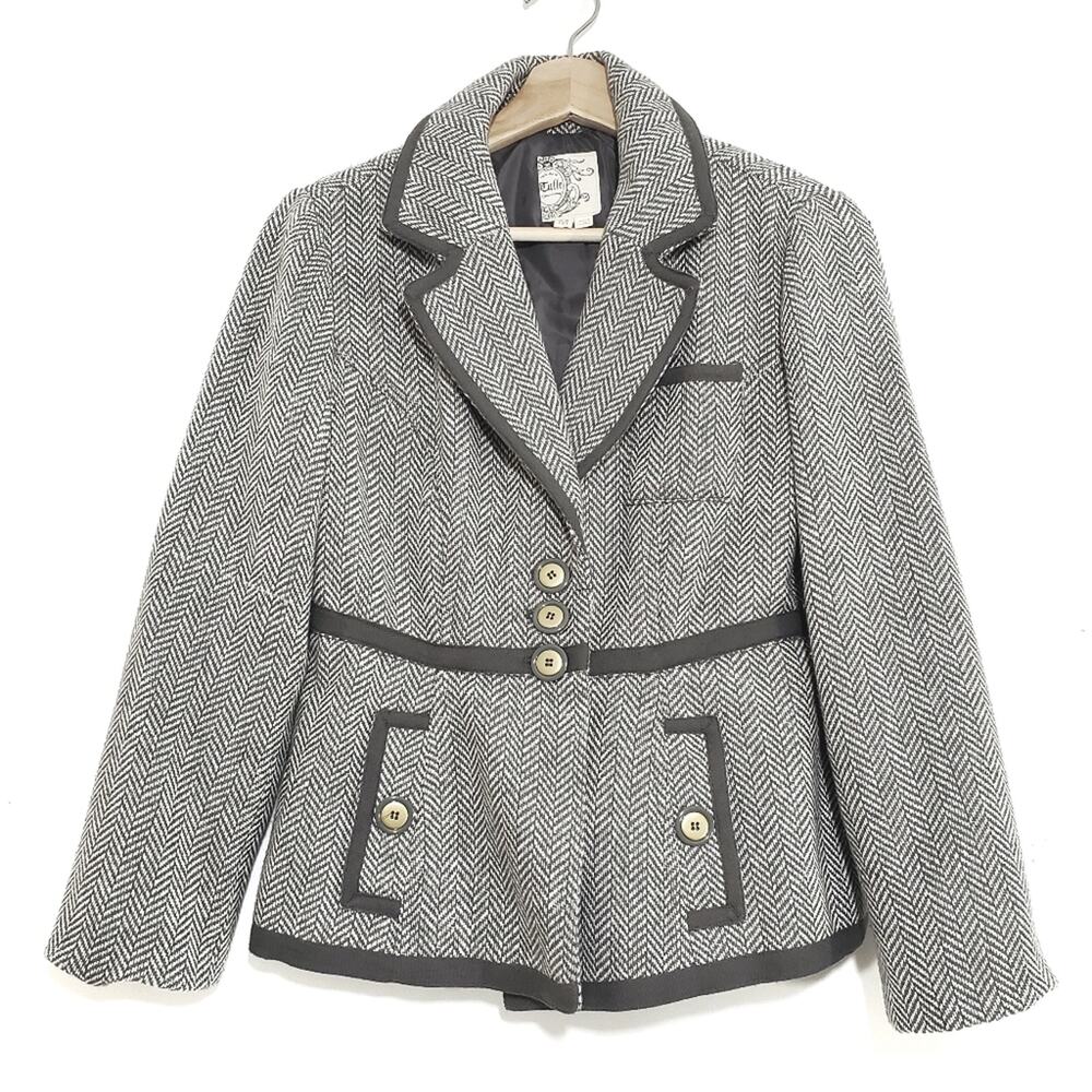 Tulle | Wool Blend Herringbone Pattern Contrast Trim Blazer